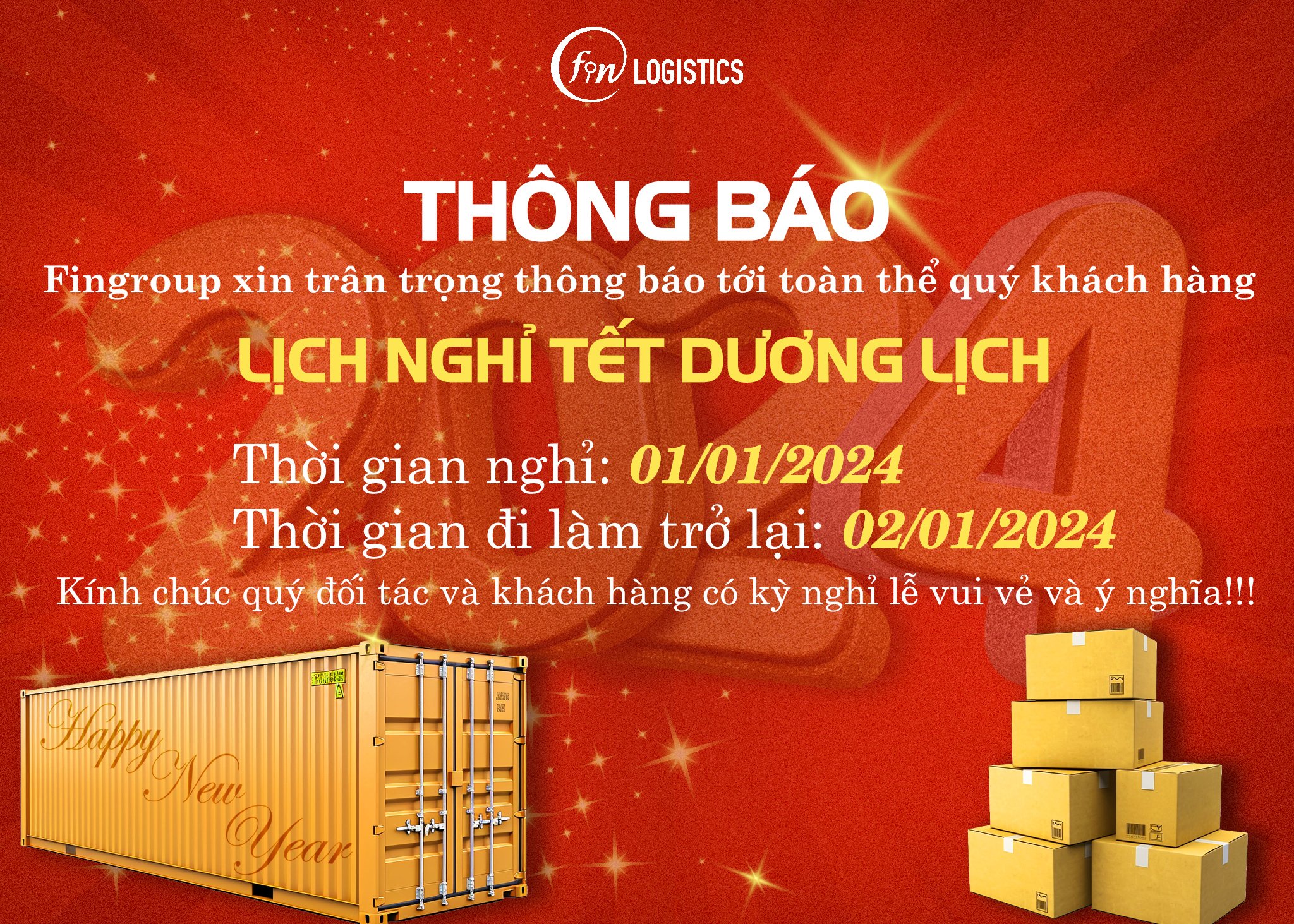 Finlogistics thông báo lịch nghỉ lễ Tết Dương lịch năm 2024